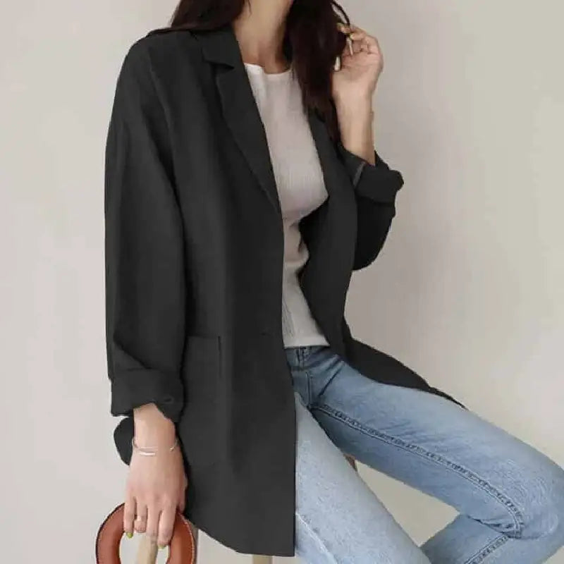 Long Sleeve Cotton Solid Color Pocket Short Blazer - Black