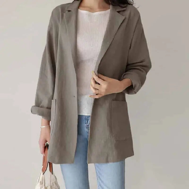 Long Sleeve Cotton Solid Color Pocket Short Blazer - Gray