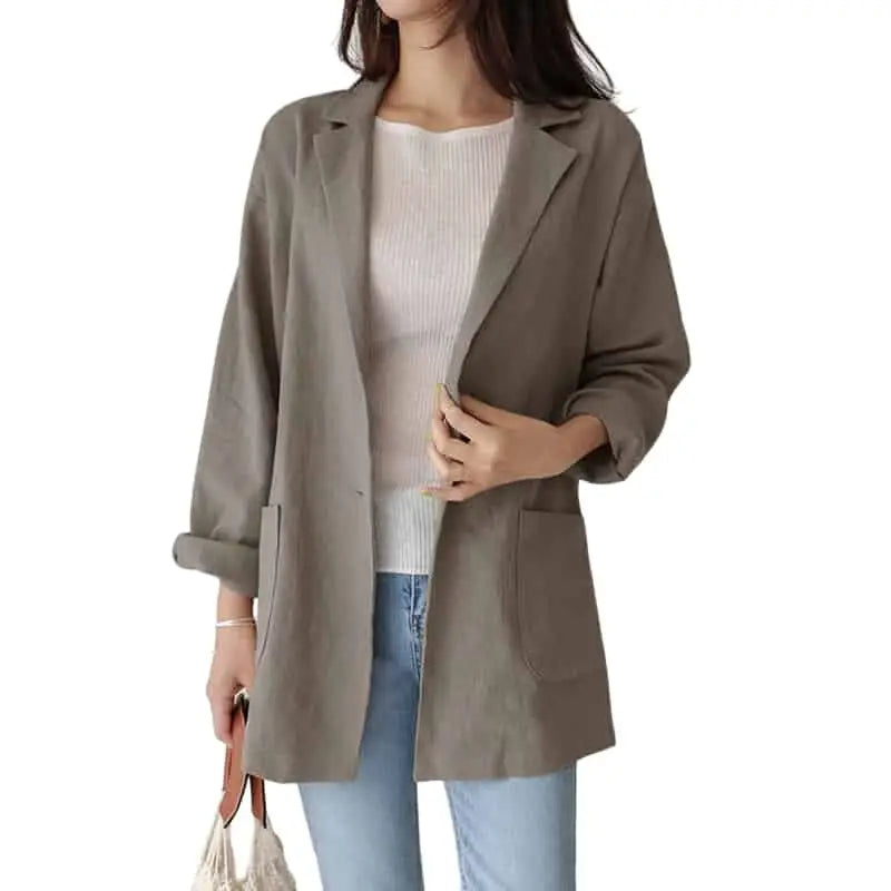 Long Sleeve Cotton Solid Color Short Blazer with Pockets