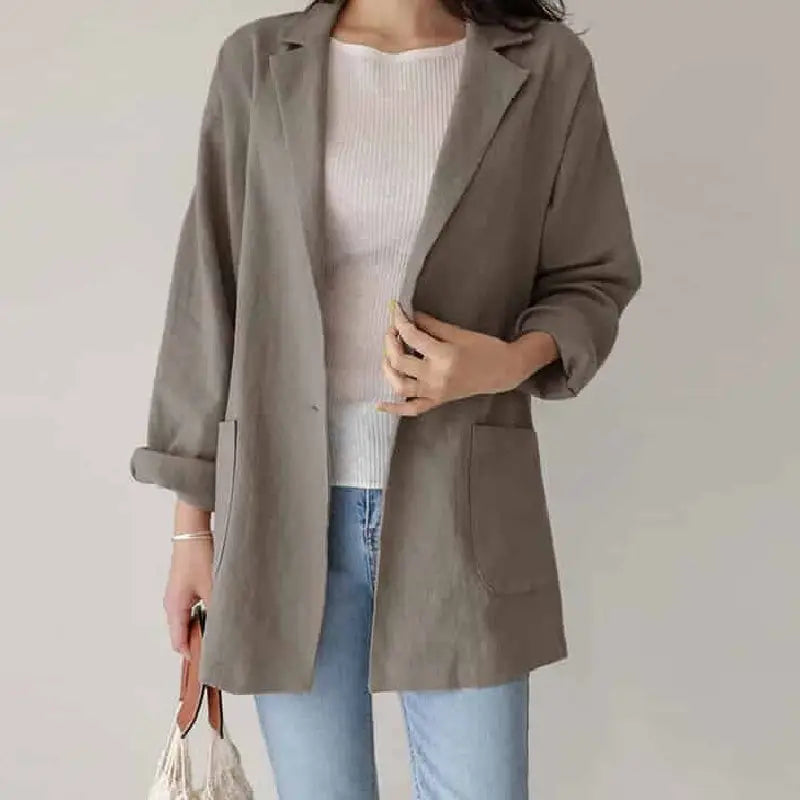Long Sleeve Cotton Solid Color Short Blazer with Pockets