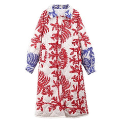 Long Sleeve Flower Coral Print Lapel Coat - Red / S