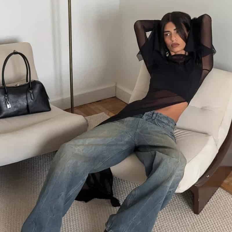 Long Sleeve Irregular Asymmetric Neck Mesh Top