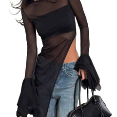 Long Sleeve Irregular Asymmetric Neck Mesh Top