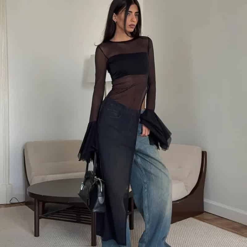 Long Sleeve Irregular Asymmetric Neck Mesh Top Black / S