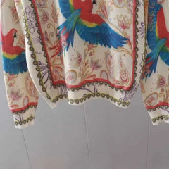 Long Sleeve Knitted Flower and Bird Print Sweater