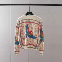 Long Sleeve Knitted Flower and Bird Print Sweater