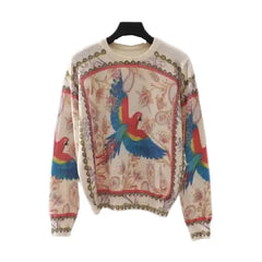 Long Sleeve Knitted Flower and Bird Print Sweater - White