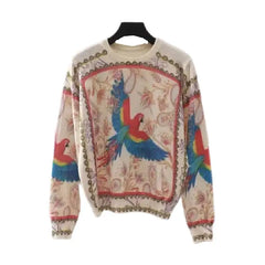 Long Sleeve Knitted Flower and Bird Print Sweater