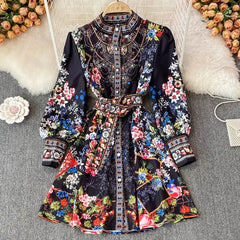 Long Sleeve Multicolor Floral Print Boho Mini Dress