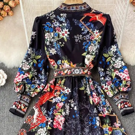 Long Sleeve Multicolor Floral Print Boho Mini Dress