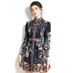 Long Sleeve Multicolor Floral Print Boho Mini Dress - Black