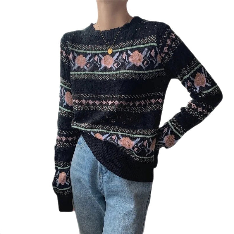 Floral Pattern Long Sleeve O Neck Sweater