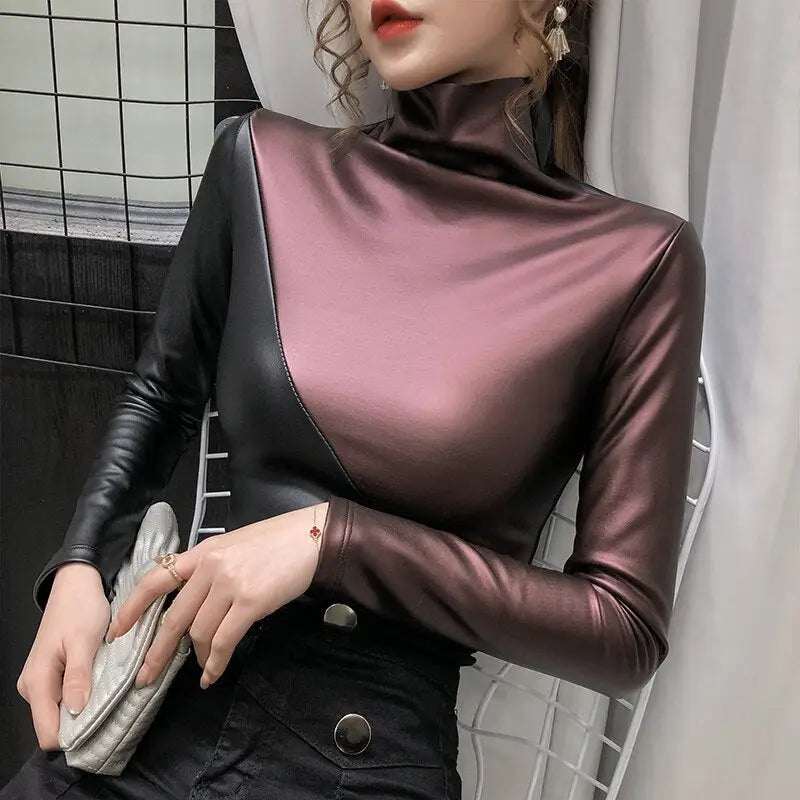 Long Sleeve Plus PU Leather Women Tops
