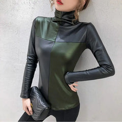Long Sleeve Plus PU Leather Women Tops