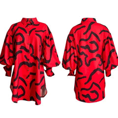 Long Sleeve Printed Dress - Red/Black / One size