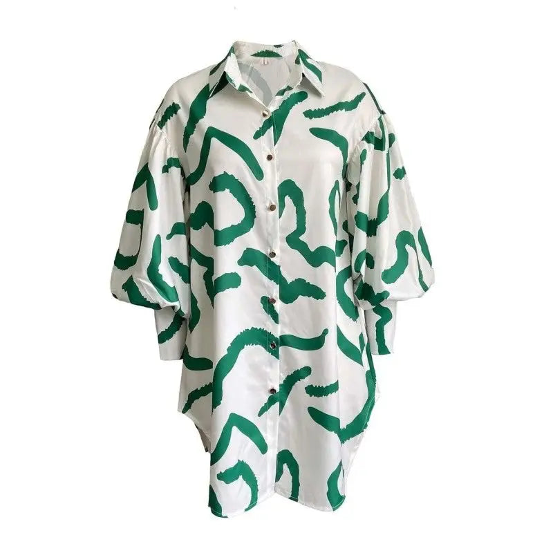 Long Sleeve Printed Dress - White/Green / One size