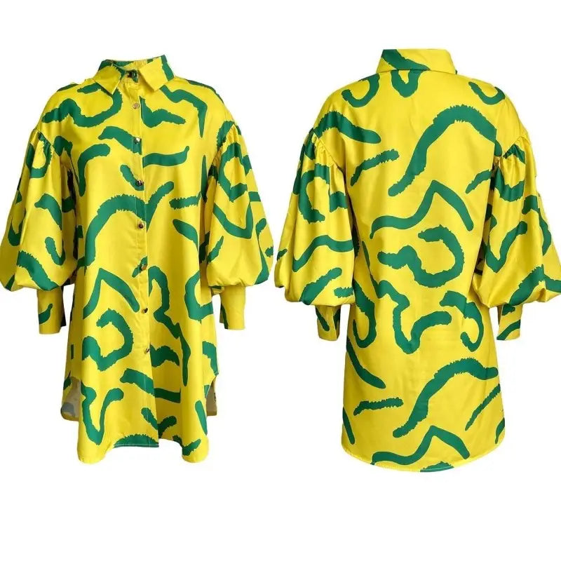 Long Sleeve Printed Dress - Yellow/Green / One size