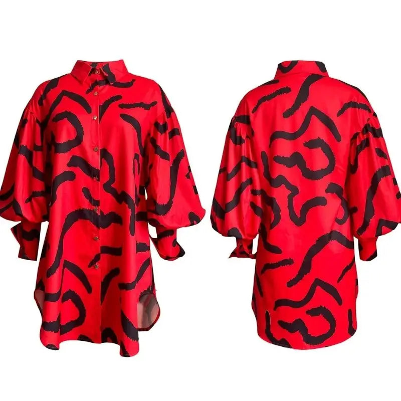 Long Sleeve Printed Mid Length Dress Red/Black / One size