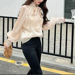 Long Sleeve Shiny Shirt with Elegant Bow Detail
