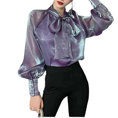 Long Sleeve Shiny Shirt with Elegant Bow Detail