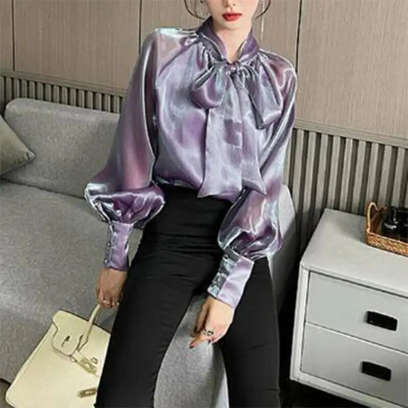 Long Sleeve Shiny Shirt with Elegant Bow Detail