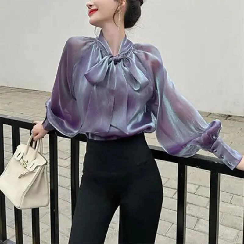 Long Sleeve Shiny Shirt with Elegant Bow Detail