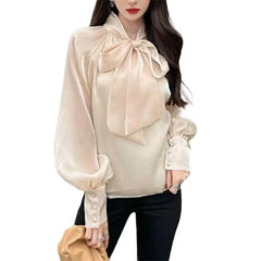 Long Sleeve Shiny Shirt with Elegant Bow Detail