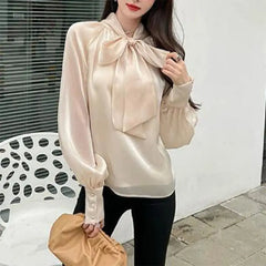 Long Sleeve Shiny Shirt with Elegant Bow Detail