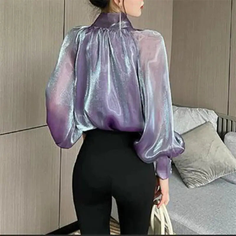 Long Sleeve Shiny Shirt with Elegant Bow Detail