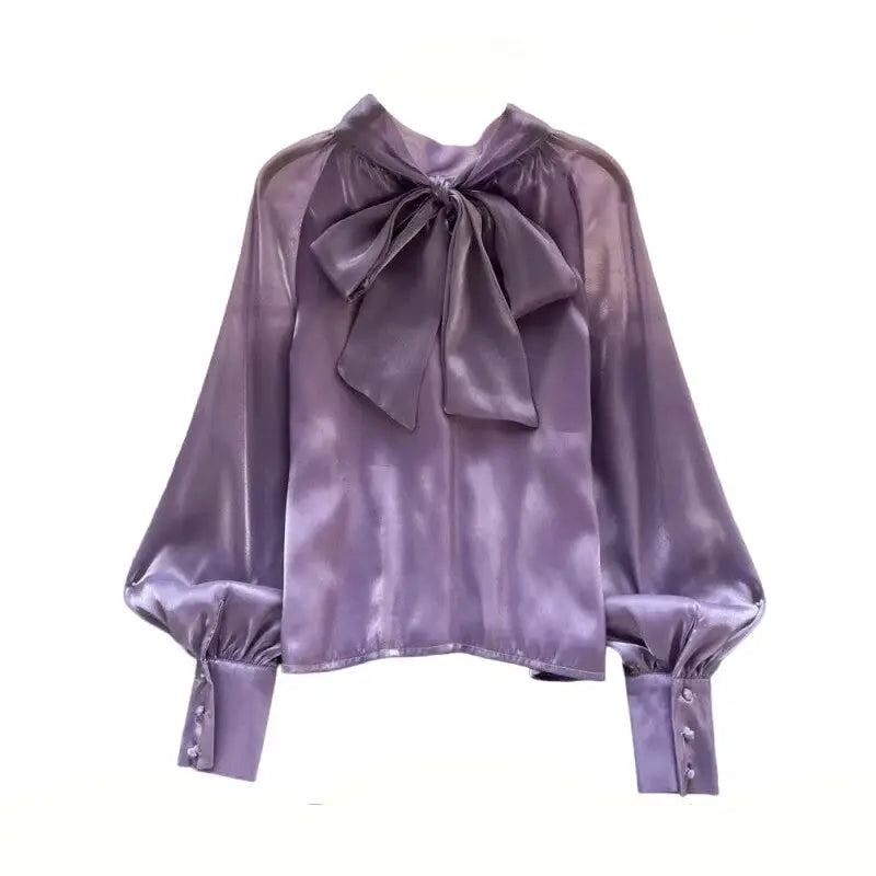 Long Sleeve Shiny Shirt with Elegant Bow Detail Purple / S