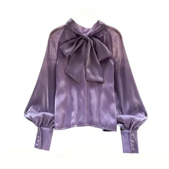 Long Sleeve Shiny Shirt with Elegant Bow Detail Purple / S