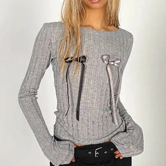 Long Sleeve Skinny Ribbed Absorbing Sparkle Spliced Bows