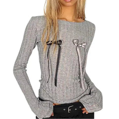 Long Sleeve Skinny Ribbed Absorbing Sparkle Spliced Bows