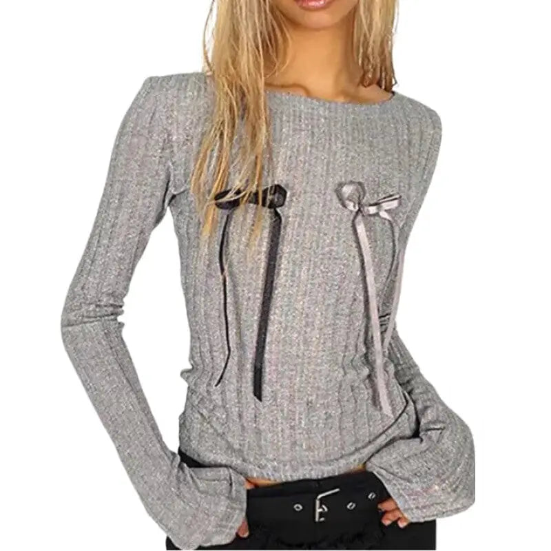 Long Sleeve Skinny Ribbed Sparkle Bow Slim Fit Sweater