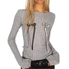 Long Sleeve Skinny Ribbed Sparkle Bow Slim Fit Sweater