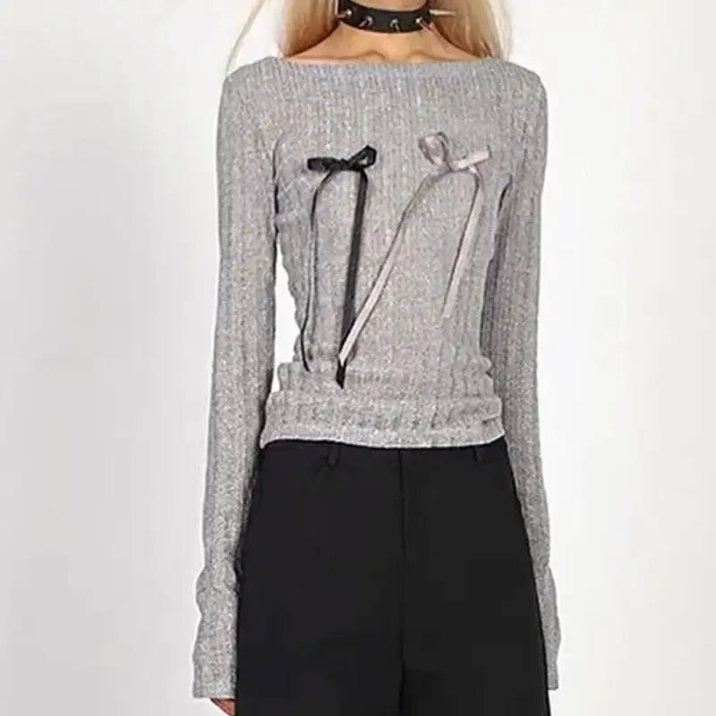 Long Sleeve Skinny Ribbed Sparkle Bow Slim Fit Sweater