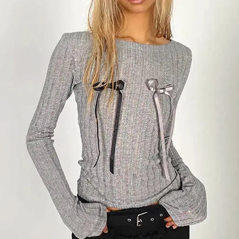 Long Sleeve Skinny Ribbed Sparkle Bow Slim Fit Sweater