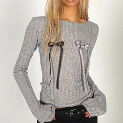 Long Sleeve Skinny Ribbed Sparkle Bow Slim Fit Sweater