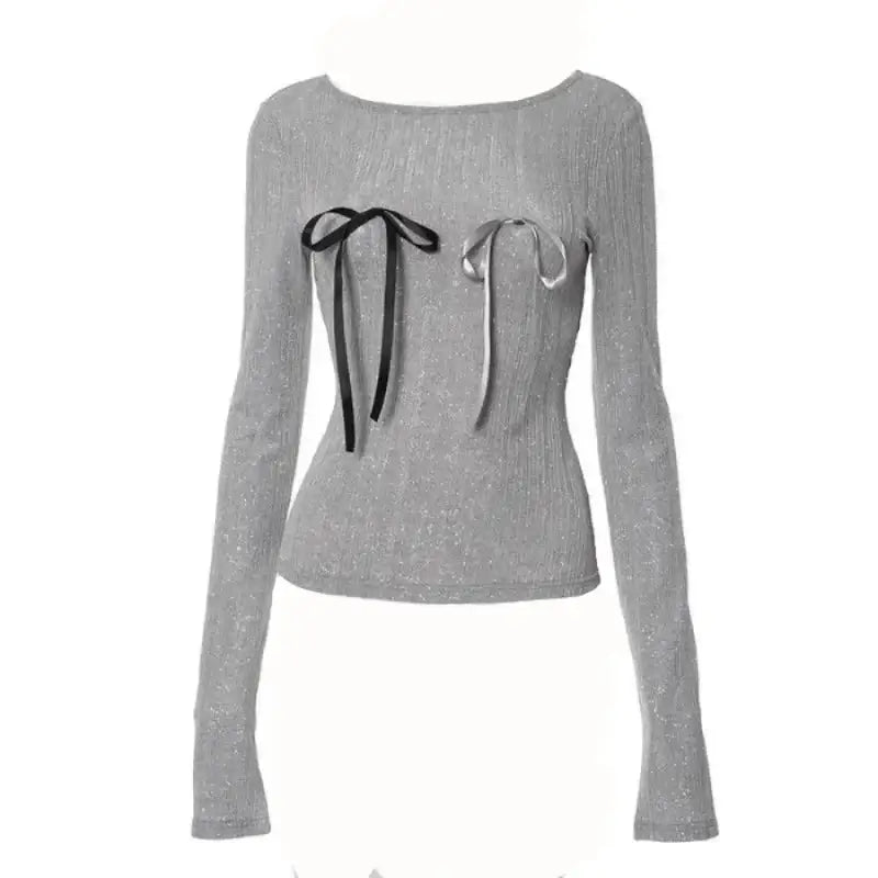 Long Sleeve Skinny Ribbed Sparkle Bow Slim Fit Sweater