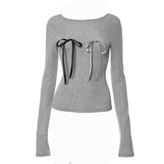 Long Sleeve Skinny Ribbed Sparkle Bow Slim Fit Sweater