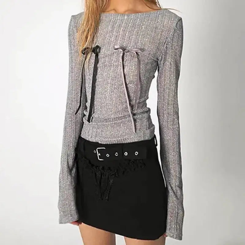 Long Sleeve Skinny Ribbed Sparkle Bow Slim Fit Sweater Grey