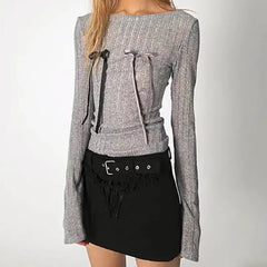 Long Sleeve Skinny Ribbed Sparkle Bow Slim Fit Sweater Grey