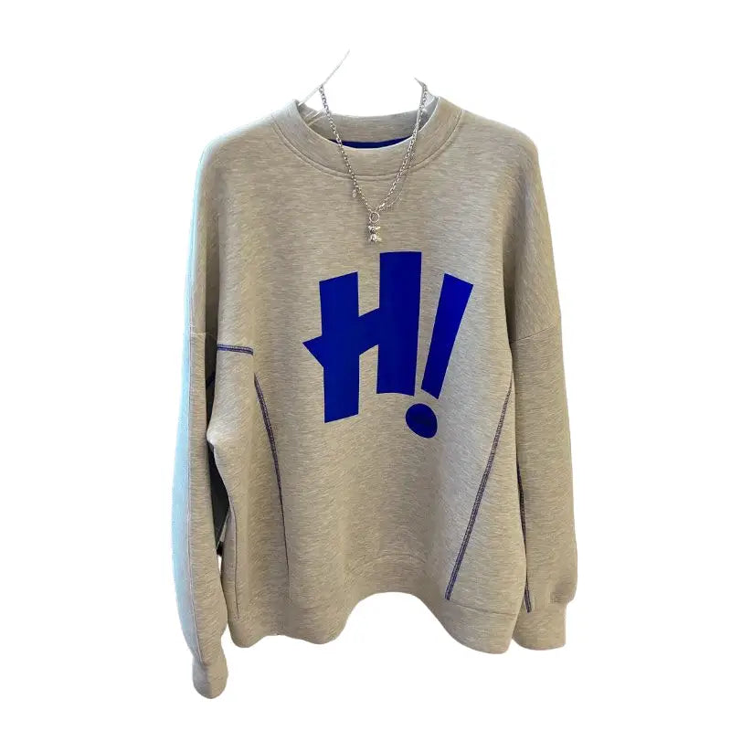 Long Sleeve Solid Color Letter Pullover Sweater - Gray H / M