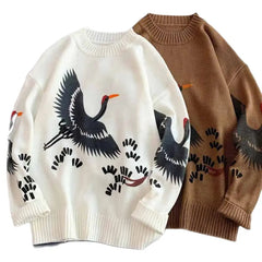 Long Sleeve Sweater with White Crane Bird Print