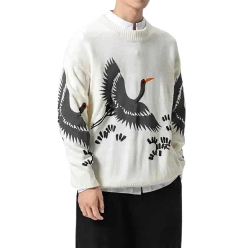 Long Sleeve Sweater with White Crane Bird Print