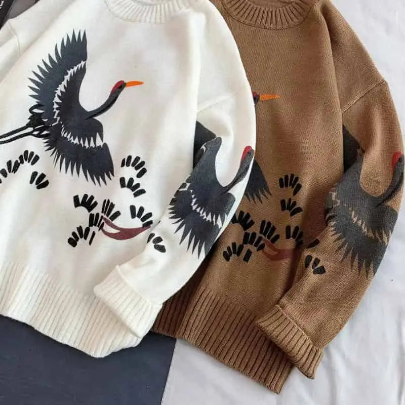 Long Sleeve Sweater with White Crane Bird Print