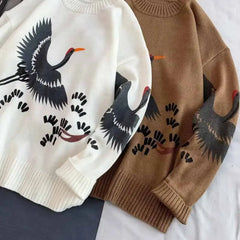 Long Sleeve Sweater with White Crane Bird Print