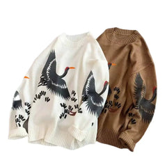 Long Sleeve Sweater with White Crane Bird Print