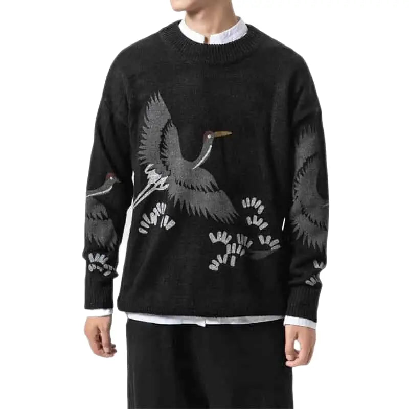 Long Sleeve Sweater with White Crane Bird Print Black / S