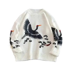 Long Sleeve Sweater with White Crane Bird Print / S